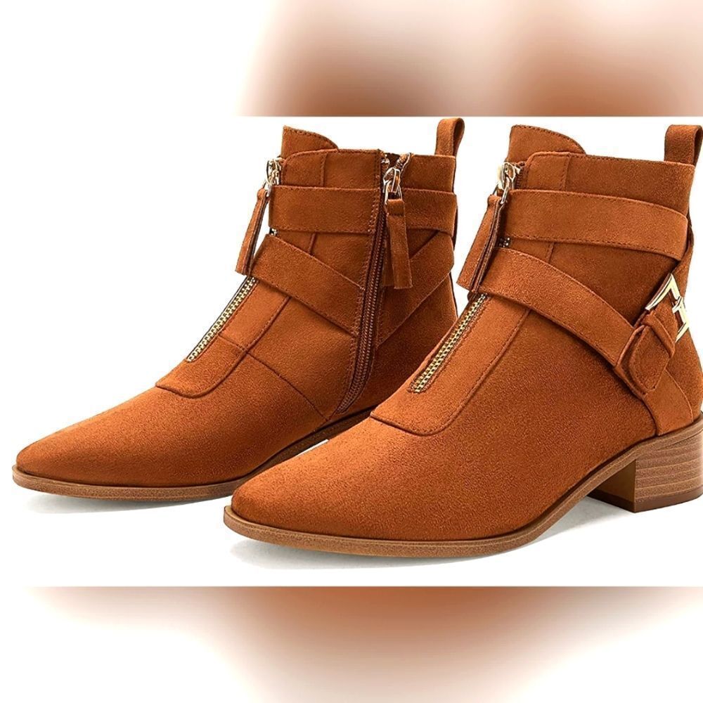 Women's Suede Ankle Booties with Zipper - Tan